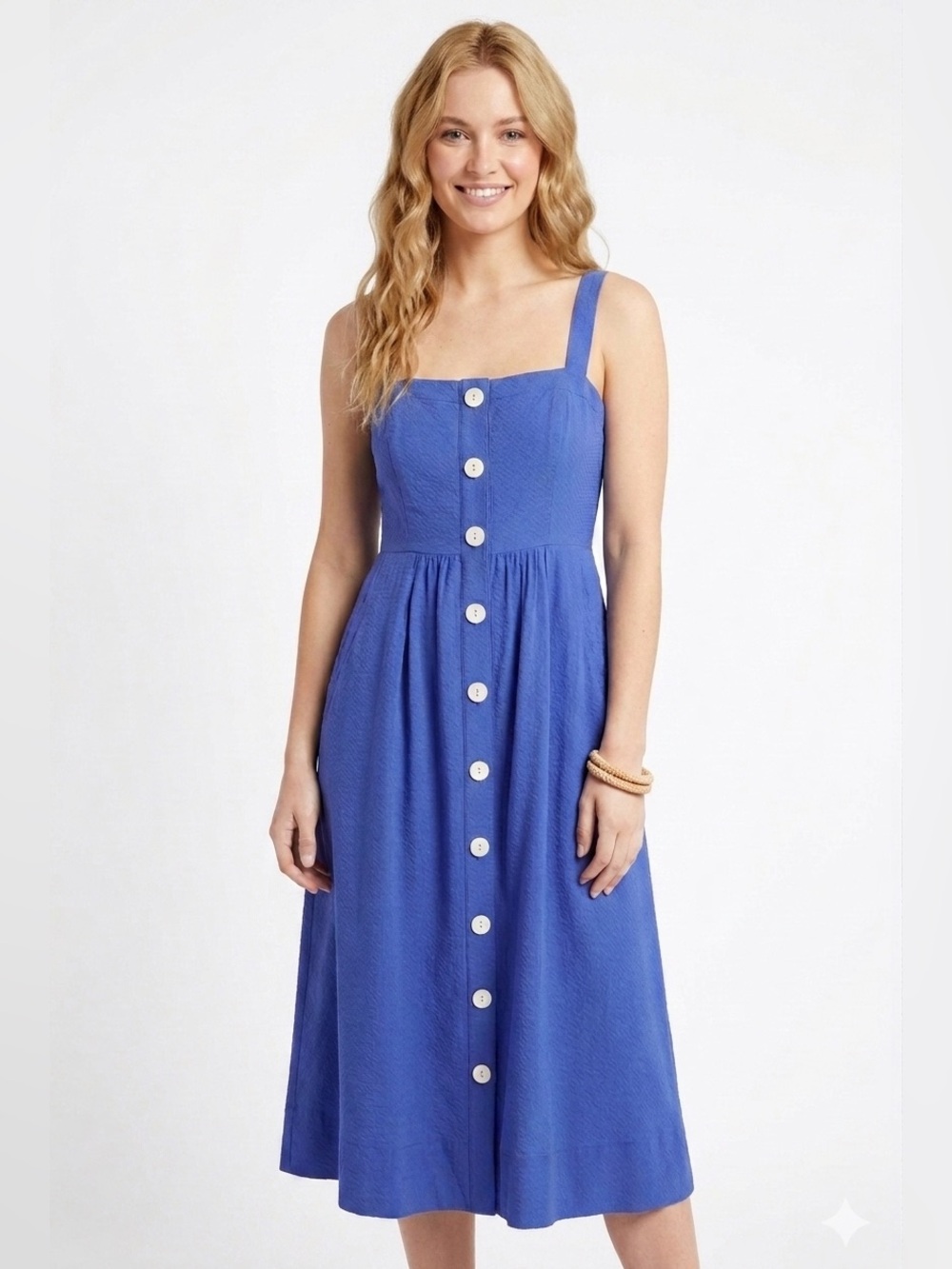 Maeve Anthropologie Rosemary Seersucker Midi Dress in Periwinkle Blue